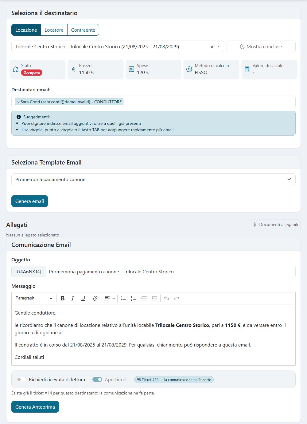Pagina Comunicazioni: scelto il template, oggetto e testo dell'email sono già compilati con i dati della locazione